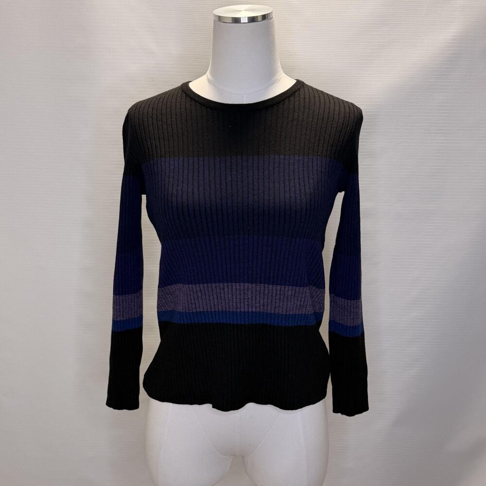 Akris Punto Sweater Womens 12 Multicolor Stripe Ribbed Knit Crewneck Ruffle Hem